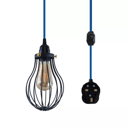 Plug-In Cage Pendant Light with Dimmer – 2 m Fabric Cable, UK Plug - Blue, Black Cage, Brass Shade Ring, ST64 LED Bulb 4W