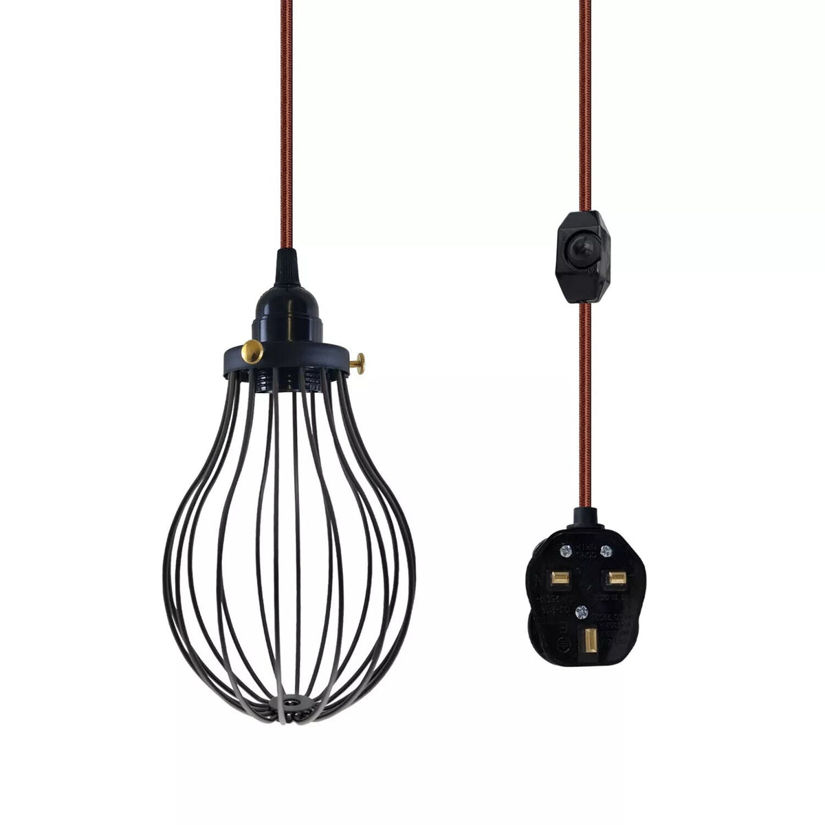 Plug-In Cage Pendant Light with Dimmer – 2 m Fabric Cable, UK Plug - Brown, Black Cage, Brass Shade Ring, Without Bulb