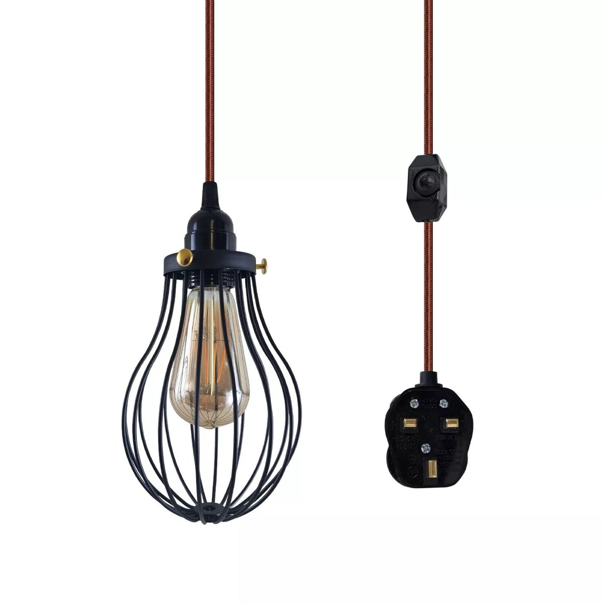 Plug-In Cage Pendant Light with Dimmer – 2 m Fabric Cable, UK Plug - Brown, Black Cage, Brass Shade Ring, ST64 LED Bulb 4W