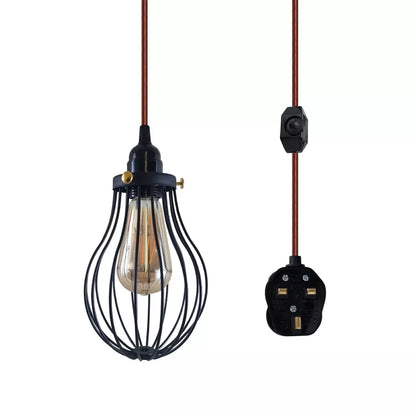 Plug-In Cage Pendant Light with Dimmer – 2 m Fabric Cable, UK Plug - Burgundy, Black Cage, Brass Shade Ring, ST64 LED Bulb 4W