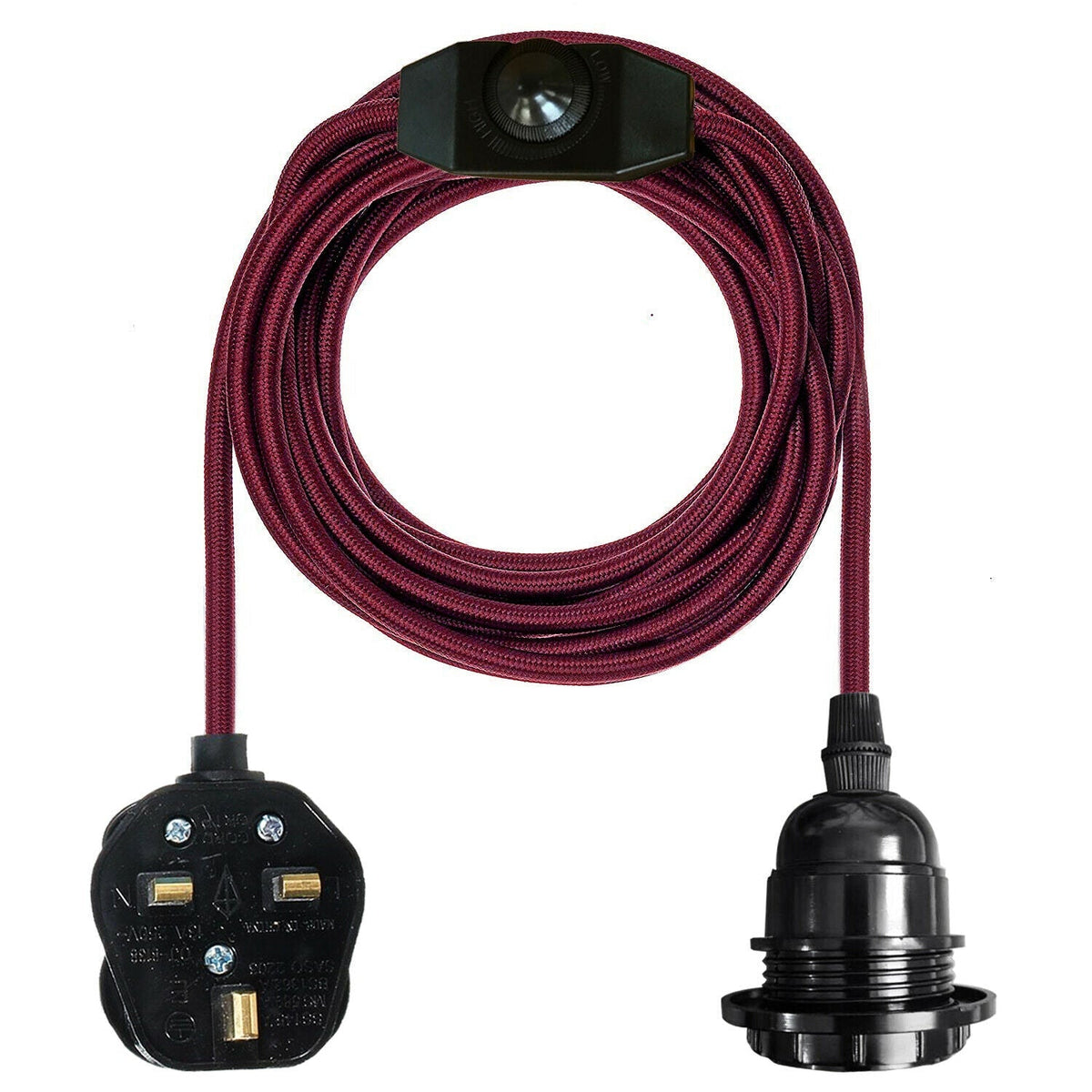 Plug-In Cage Pendant Light with Dimmer – 2 m Fabric Cable, UK Plug - Burgundy, No Shade, Without Bulb