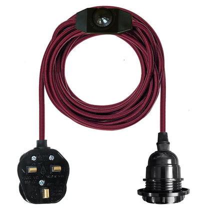 Plug-In Cage Pendant Light with Dimmer – 2 m Fabric Cable, UK Plug - Burgundy, No Shade, Without Bulb