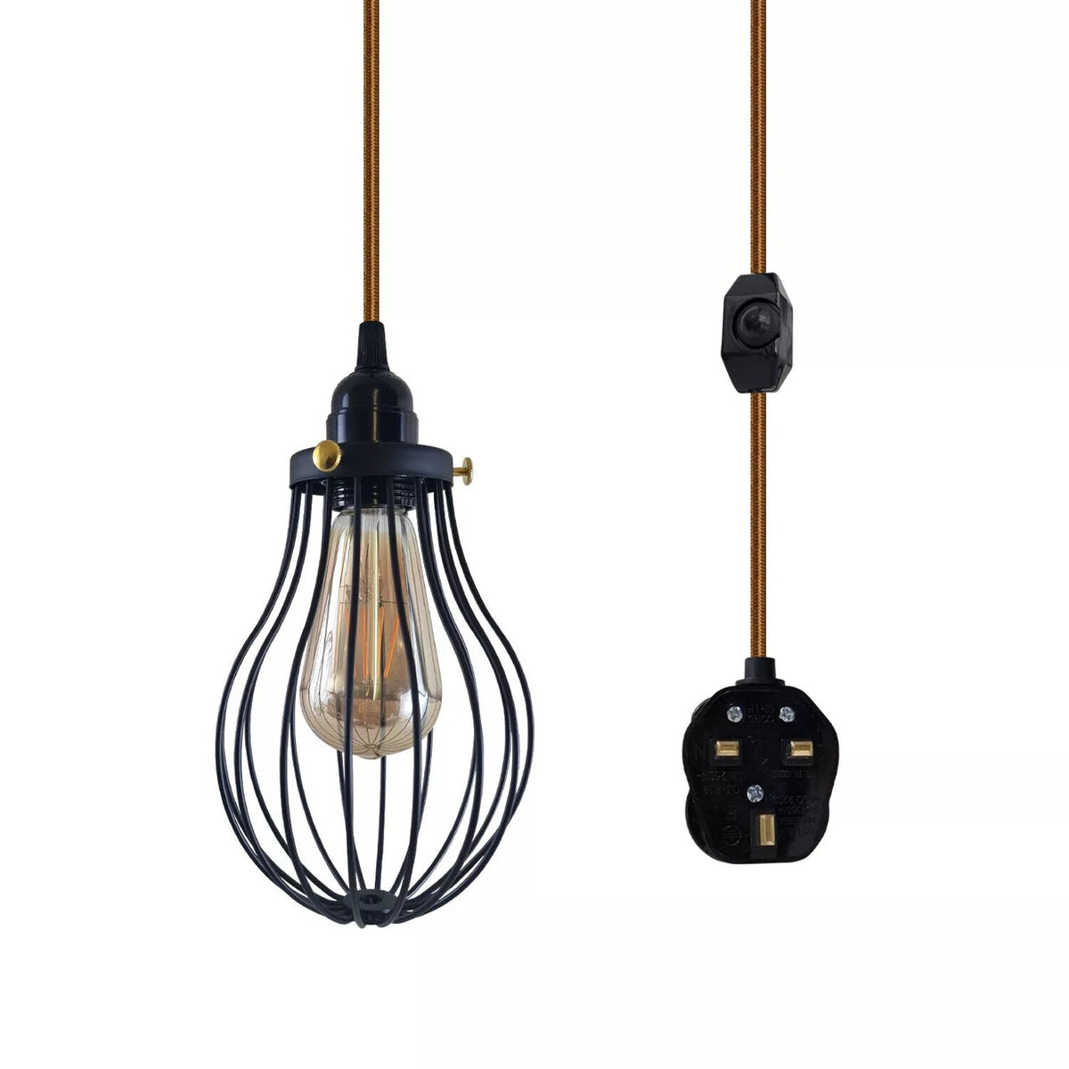 Plug-In Cage Pendant Light with Dimmer – 2 m Fabric Cable, UK Plug - Gold, Black Cage, Brass Shade Ring, ST64 LED Bulb 4W