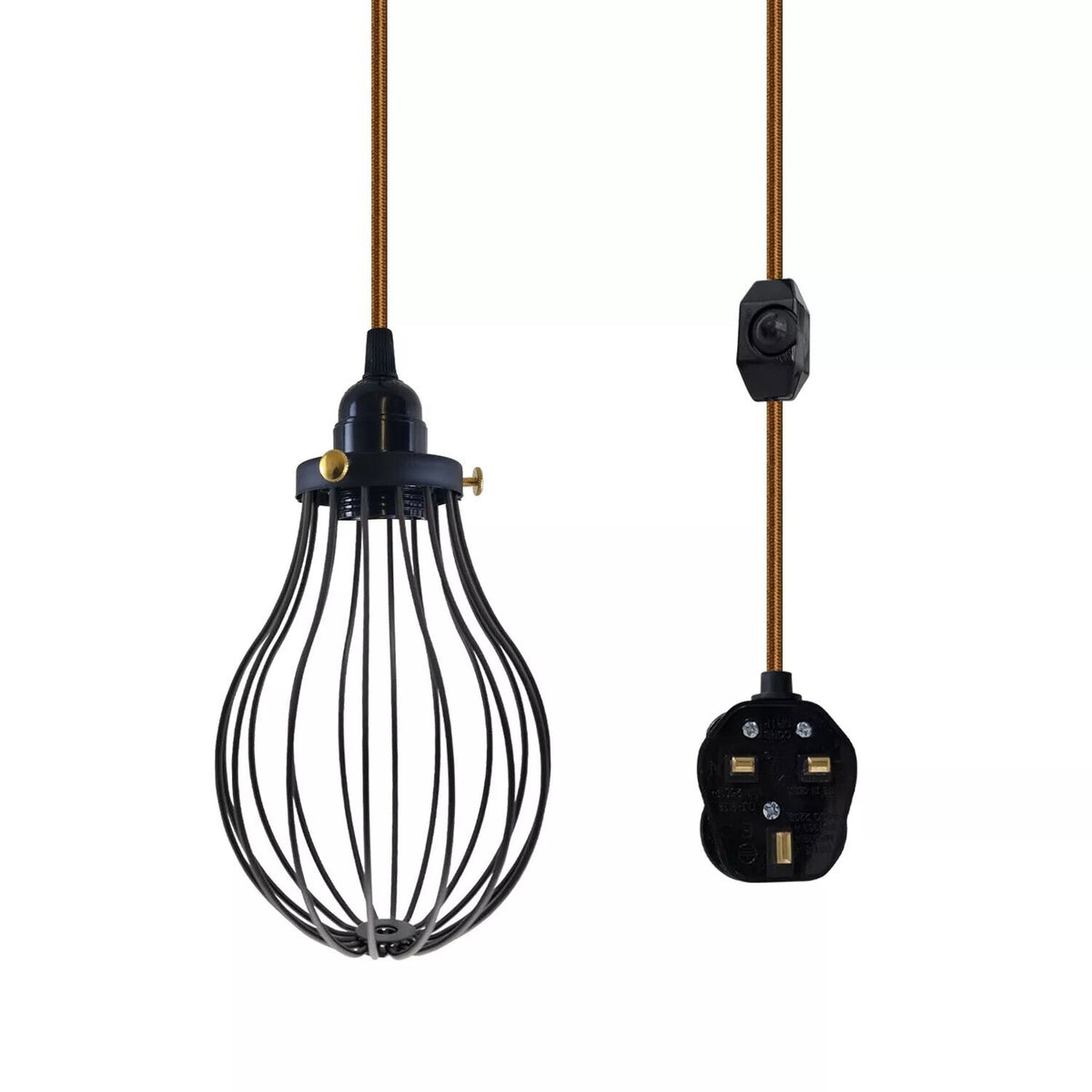 Plug-In Cage Pendant Light with Dimmer – 2 m Fabric Cable, UK Plug - Gold, Black Cage, Brass Shade Ring, Without Bulb