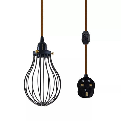 Plug-In Cage Pendant Light with Dimmer – 2 m Fabric Cable, UK Plug - Gold, Black Cage, Brass Shade Ring, Without Bulb