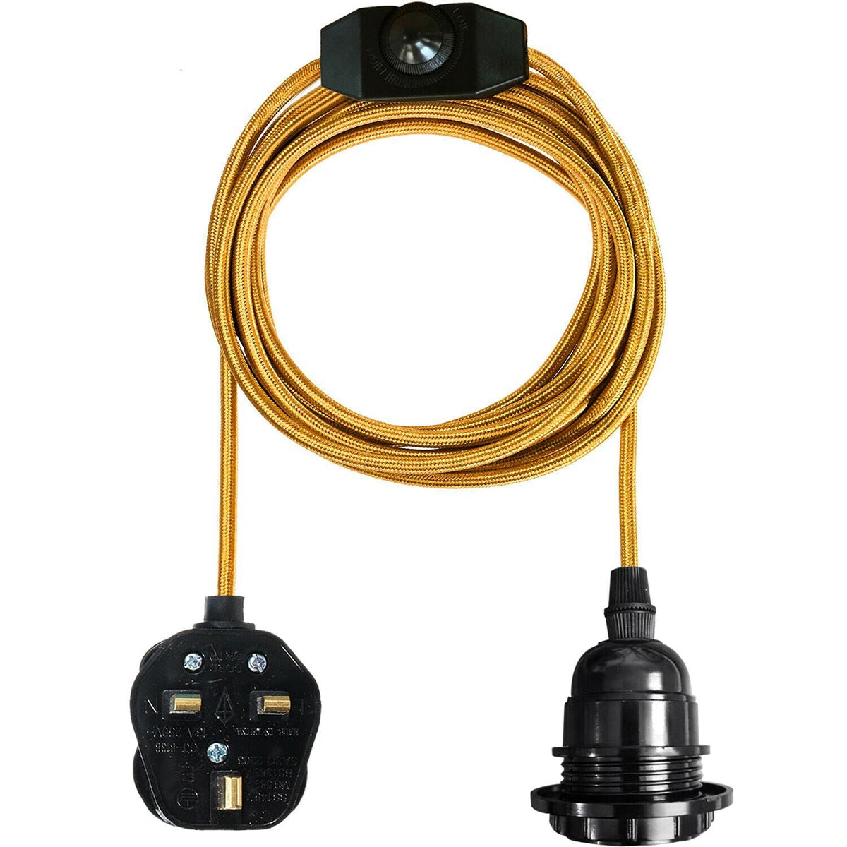 Plug-In Cage Pendant Light with Dimmer – 2 m Fabric Cable, UK Plug - Gold, No Shade, Without Bulb
