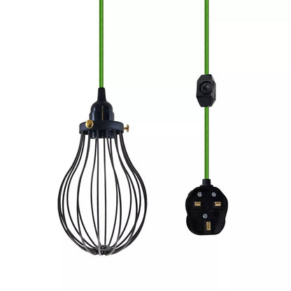 Plug-In Cage Pendant Light with Dimmer – 2 m Fabric Cable, UK Plug - Green, Black Cage, Brass Shade Ring, Without Bulb