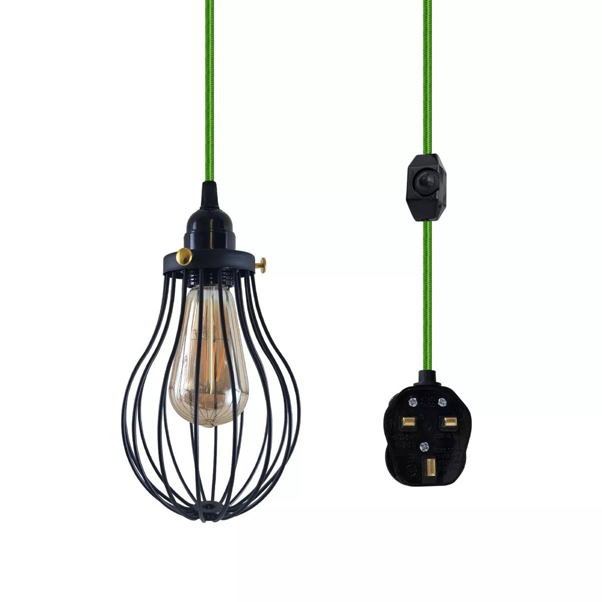 Plug-In Cage Pendant Light with Dimmer – 2 m Fabric Cable, UK Plug - Green, Black Cage, Brass Shade Ring, ST64 LED Bulb 4W