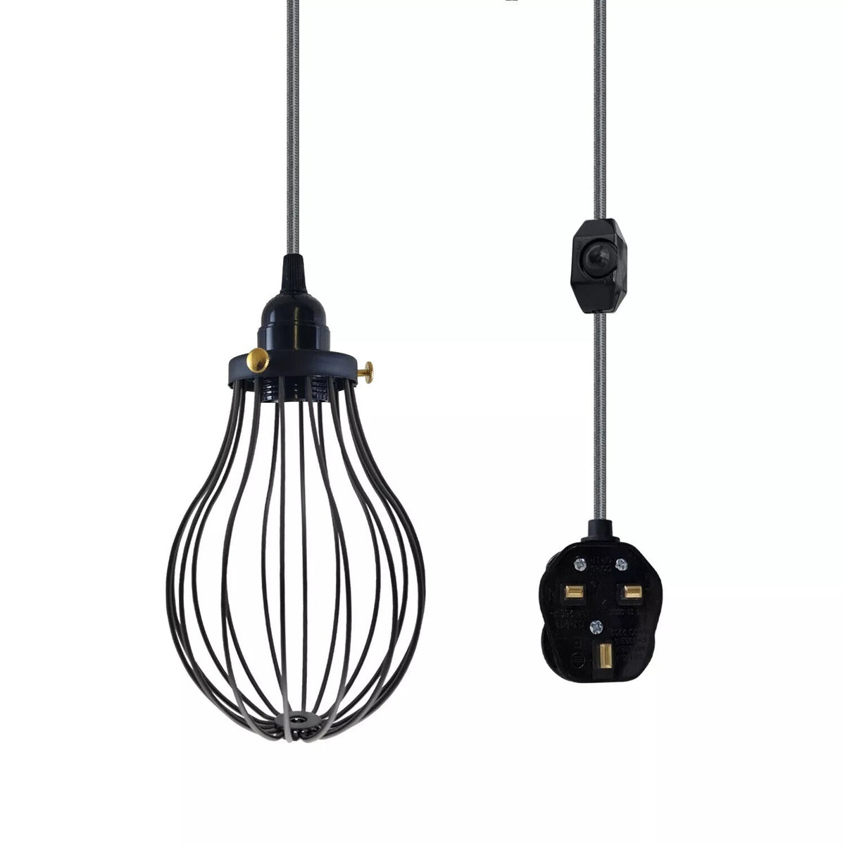Plug-In Cage Pendant Light with Dimmer – 2 m Fabric Cable, UK Plug - Grey, Black Cage, Brass Shade Ring, Without Bulb