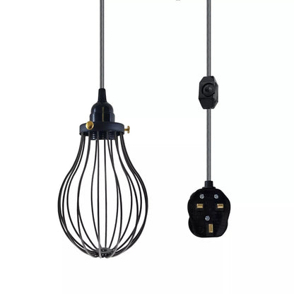 Plug-In Cage Pendant Light with Dimmer – 2 m Fabric Cable, UK Plug - Grey, Black Cage, Brass Shade Ring, Without Bulb