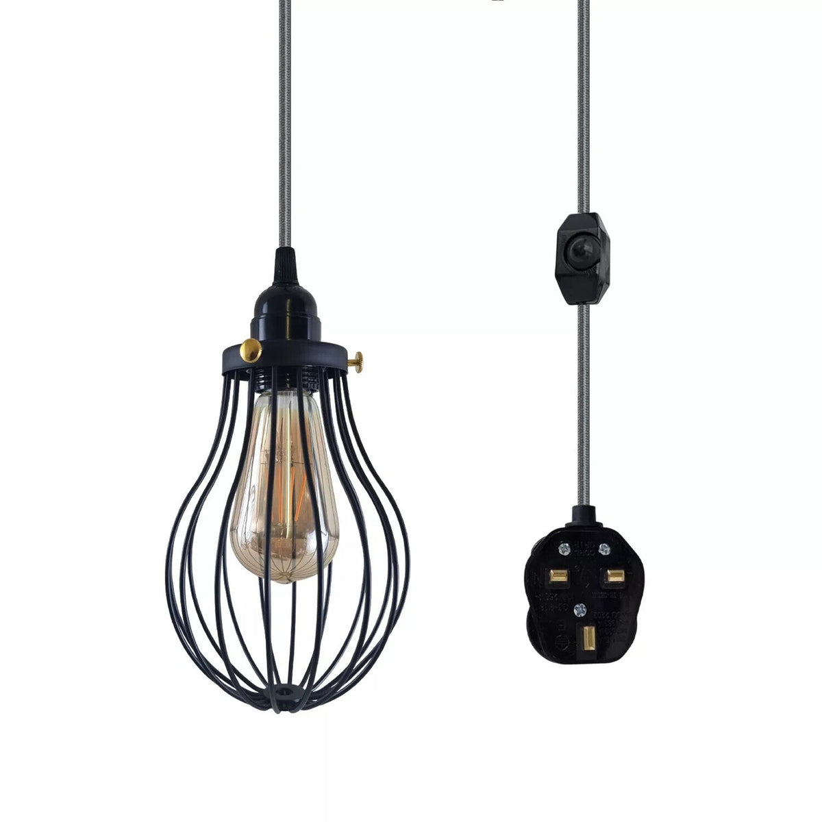 Plug-In Cage Pendant Light with Dimmer – 2 m Fabric Cable, UK Plug - Grey, Black Cage, Brass Shade Ring, ST64 LED Bulb 4W