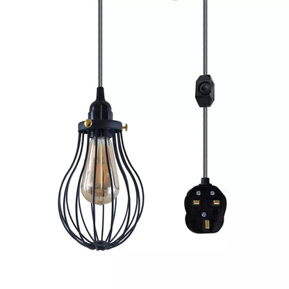 Plug-In Cage Pendant Light with Dimmer – 2 m Fabric Cable, UK Plug - Grey, Black Cage, Brass Shade Ring, ST64 LED Bulb 4W