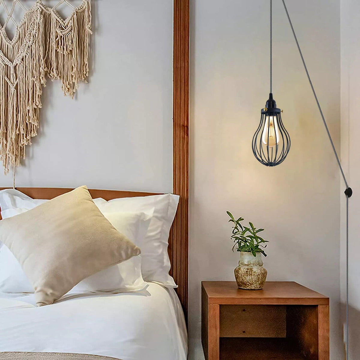 Plug-In Cage Pendant Light with Dimmer – 2 m Fabric Cable, UK Plug