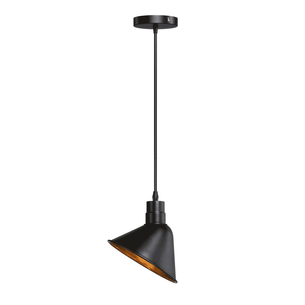 Black Pendant Light Set, 1 m Cable – Holder Only or with Cone Shade - Black, Metal Cone 20 cm, Black & Gold, Without Bulb