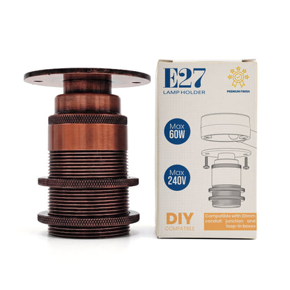 E27 Conduit Batten Lamp Holder with Top Plate – 20 mm, 6 Finishes - Copper, Standard, Single