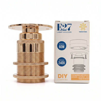 E27 Conduit Batten Lamp Holder with Top Plate – 20 mm, 6 Finishes - French Gold, Standard, Single