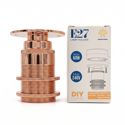 E27 Conduit Batten Lamp Holder with Top Plate – 20 mm, 6 Finishes - Rose Gold, Standard, Single