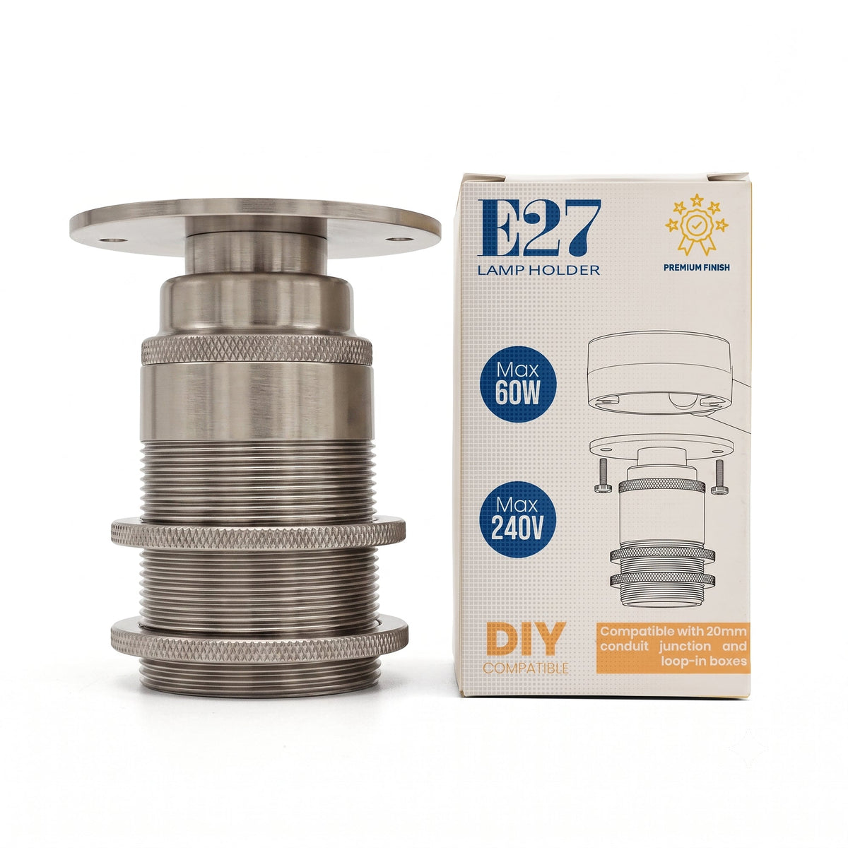 E27 Conduit Batten Lamp Holder with Top Plate – 20 mm, 6 Finishes - Satin Nickel, Standard, Single