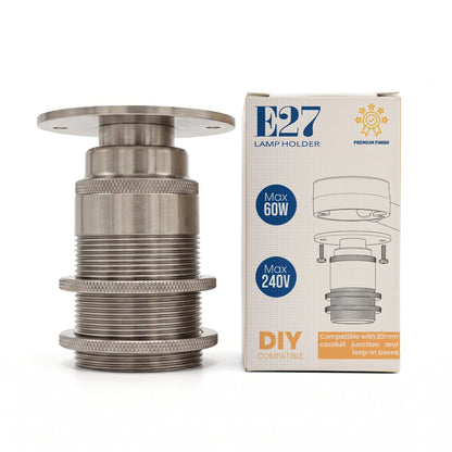 E27 Conduit Batten Lamp Holder with Top Plate – 20 mm, 6 Finishes - Satin Nickel, Standard, Single