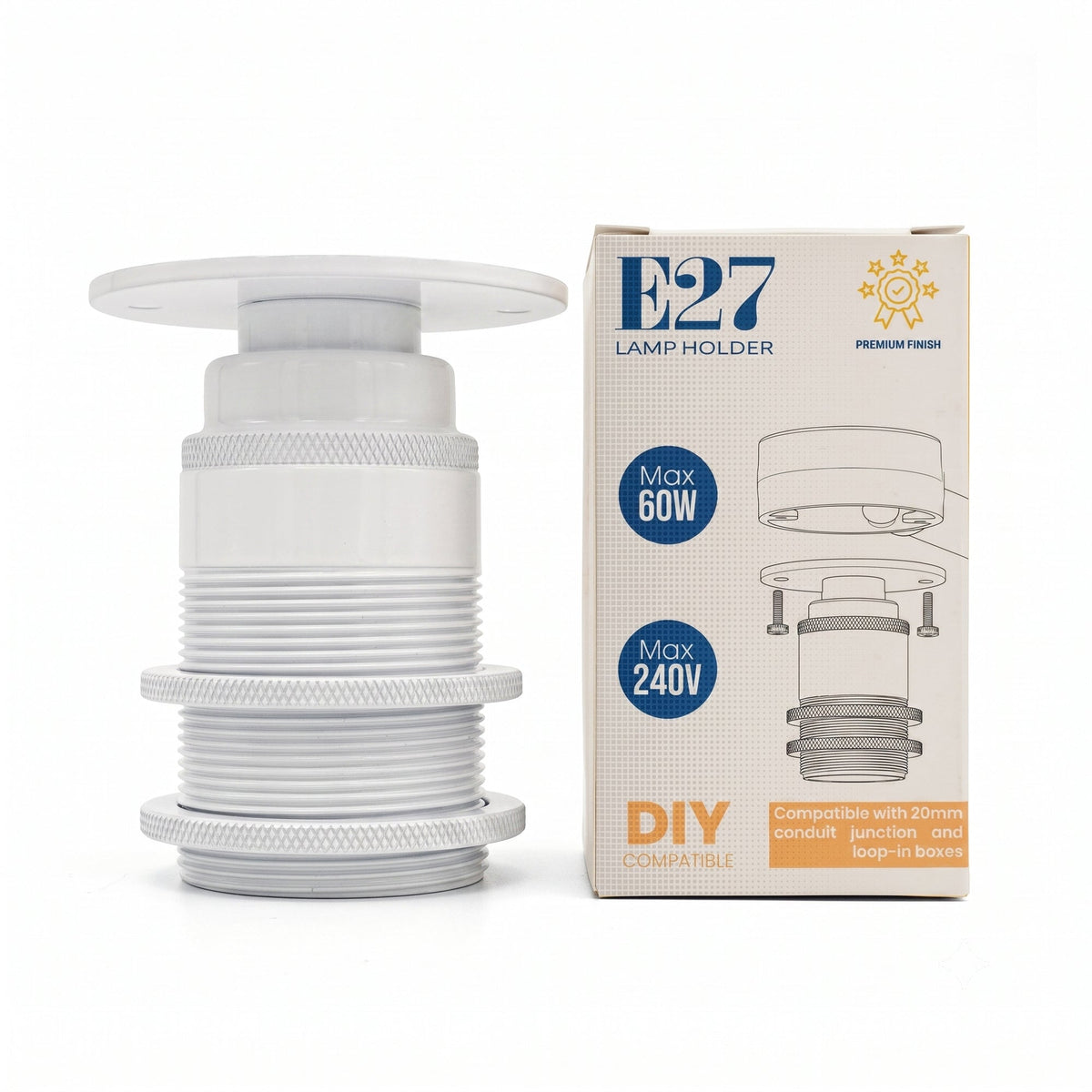 E27 Conduit Batten Lamp Holder with Top Plate – 20 mm, 6 Finishes - White, Standard, Single