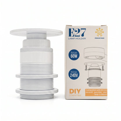 E27 Conduit Batten Lamp Holder with Top Plate – 20 mm, 6 Finishes - White, Standard, Single