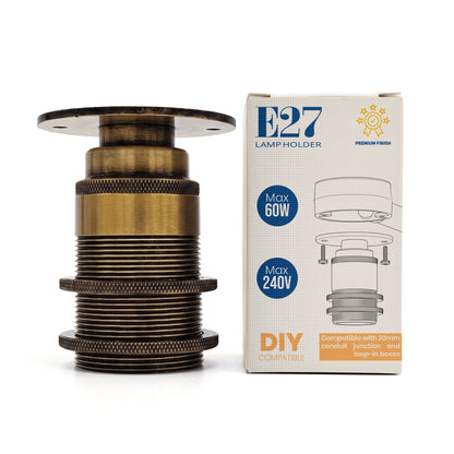 E27 Conduit Batten Lamp Holder with Top Plate – 20 mm, 6 Finishes - Yellow Brass, Standard, Single
