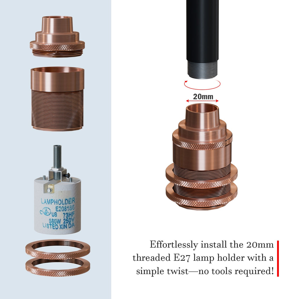 E27 Threaded Conduit Lamp Holder with Shade Rings – 20 mm, 5 Finishes