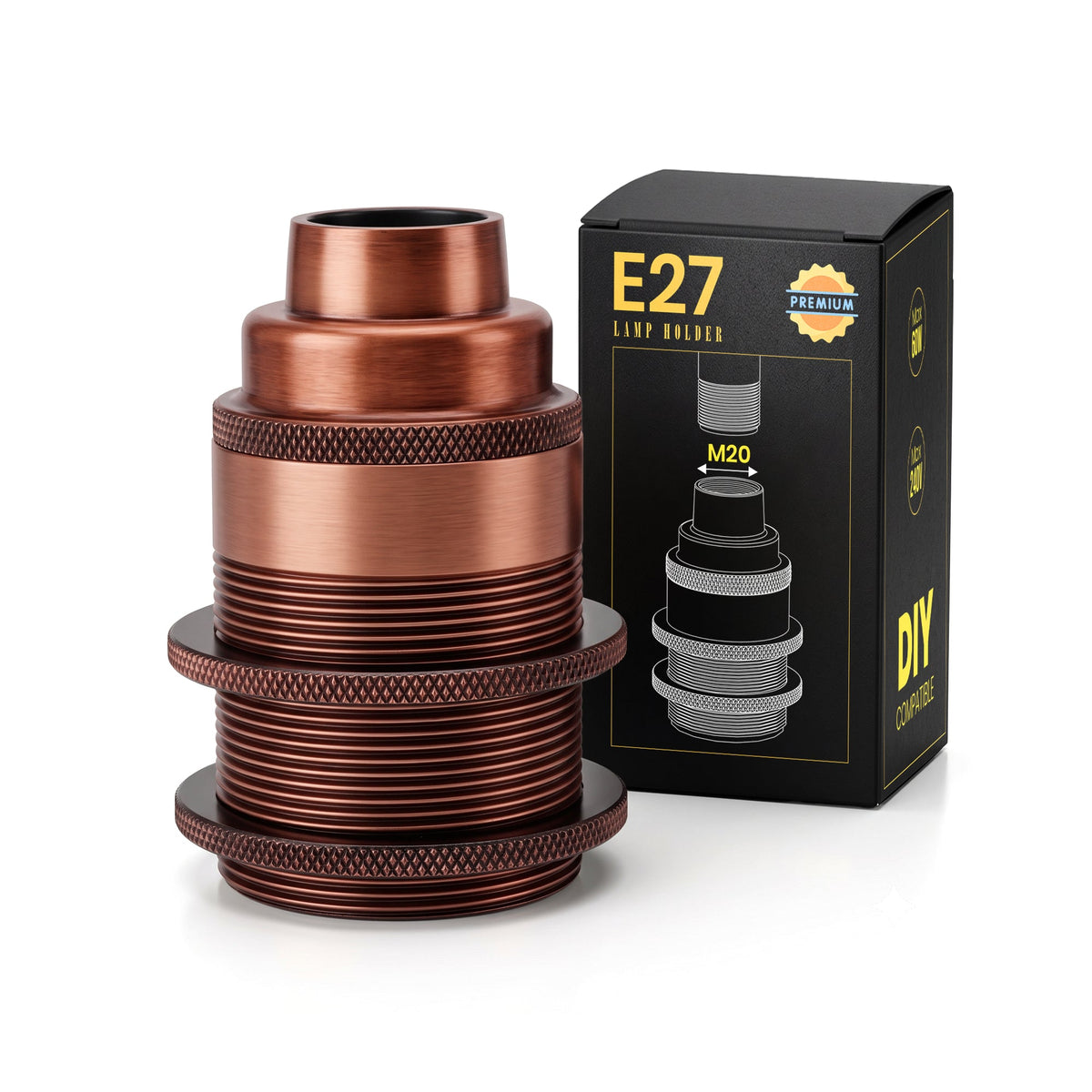 E27 Threaded Conduit Lamp Holder with Shade Rings – 20 mm, 5 Finishes - Copper, Standard, Single