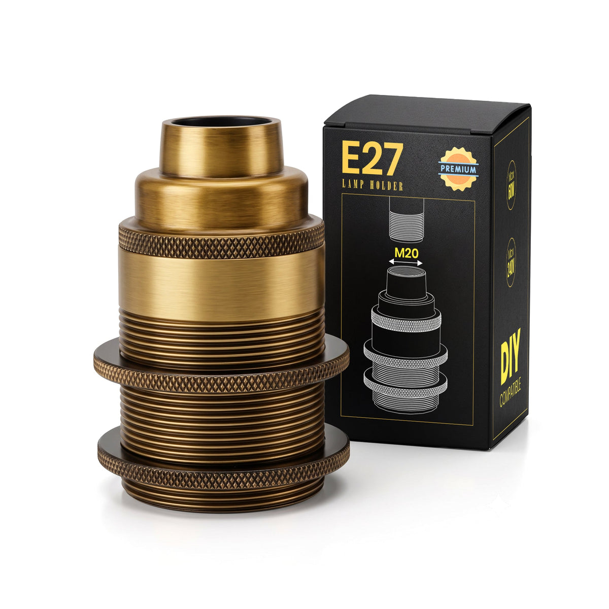 E27 Threaded Conduit Lamp Holder with Shade Rings – 20 mm, 5 Finishes - Yellow Brass, Standard, Single
