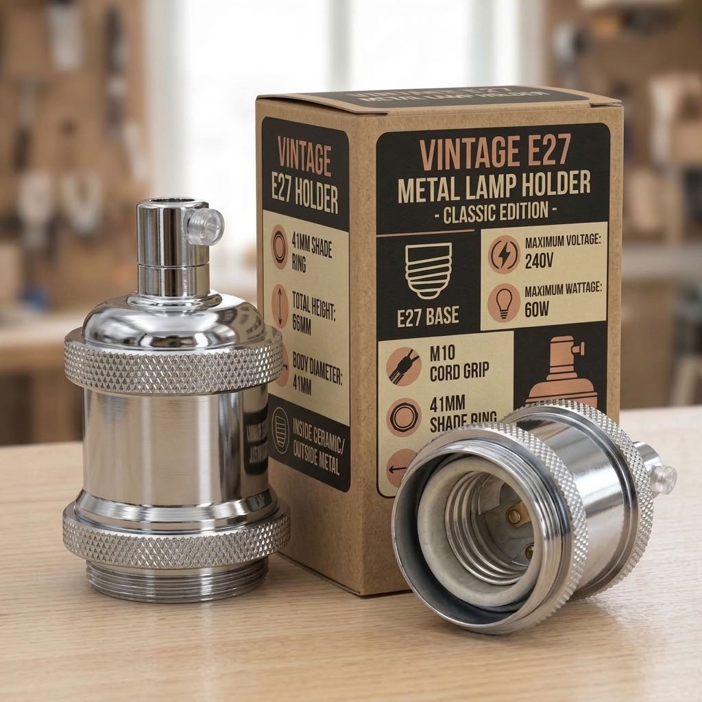 Vintage Knurled E27 Lamp Holder with Shade Ring – 11 Finishes - Standard, Chrome, Single