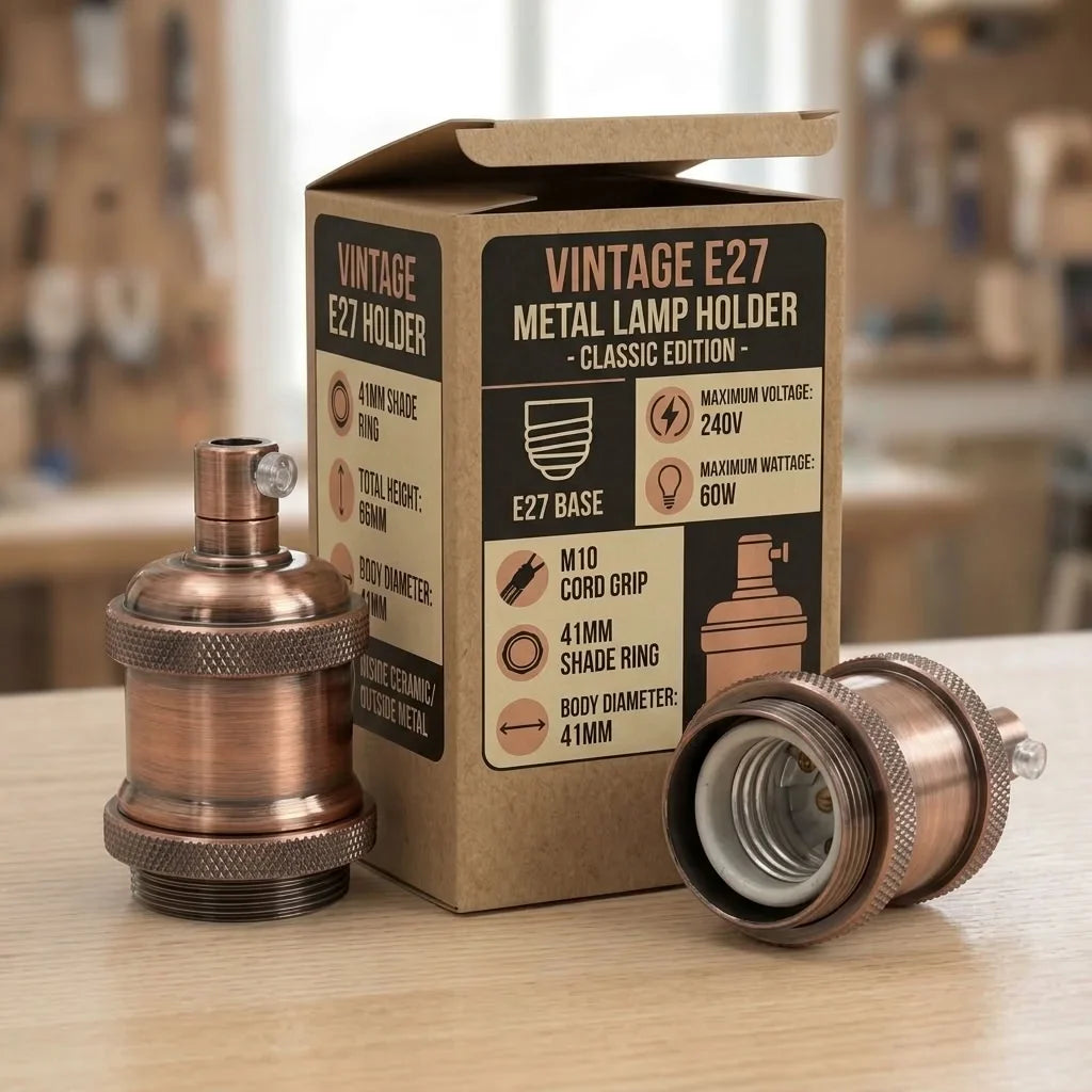 Vintage Knurled E27 Lamp Holder with Shade Ring – 11 Finishes - Standard, Copper, Single