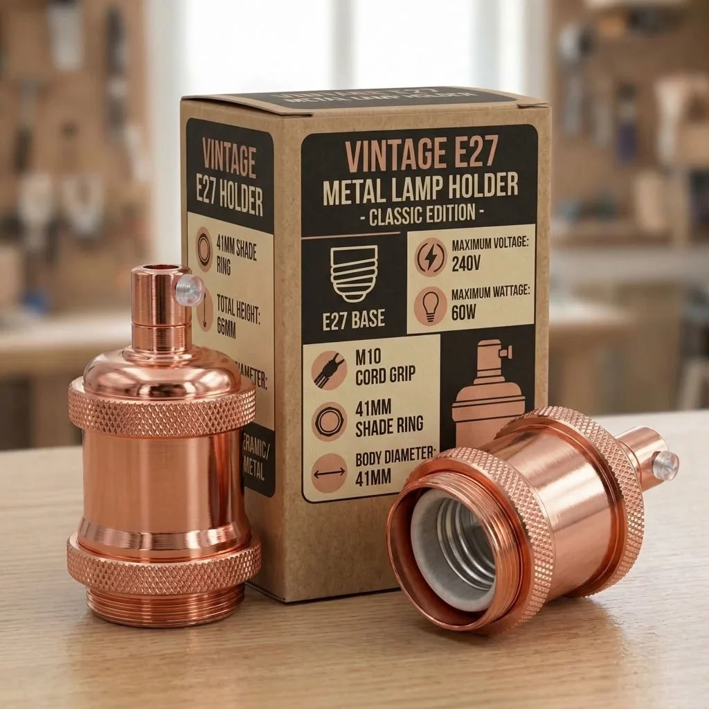 Vintage Knurled E27 Lamp Holder with Shade Ring – 11 Finishes - Standard, Rose Gold, Single