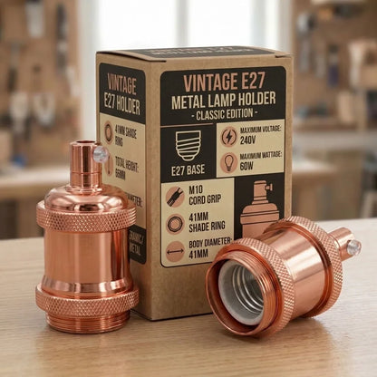 Vintage Knurled E27 Lamp Holder with Shade Ring – 11 Finishes - Standard, Rose Gold, Single