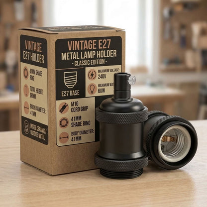 Vintage Knurled E27 Lamp Holder with Shade Ring – 11 Finishes - Standard, Satin Black, Single