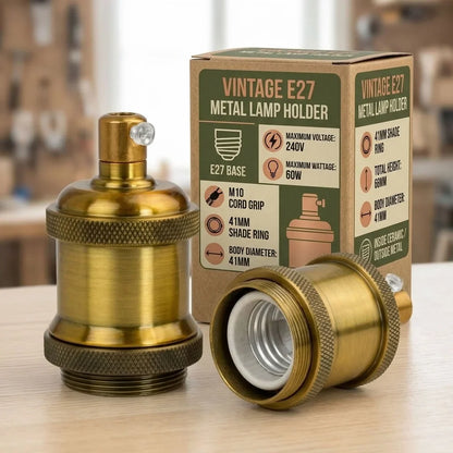 Vintage Knurled E27 Lamp Holder with Shade Ring – 11 Finishes - Standard, Yellow Brass, Single