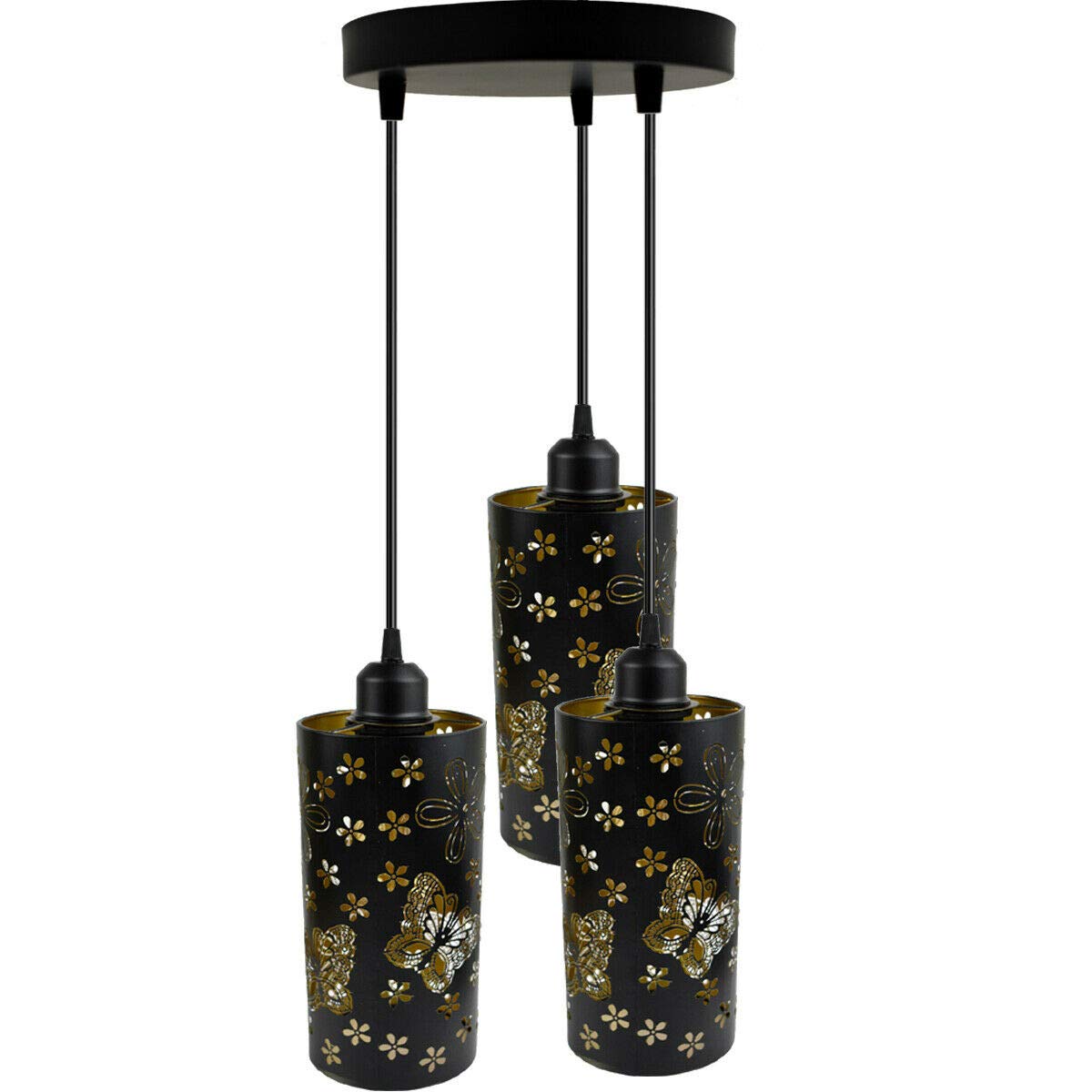 3 Light Cluster Pendant – Cones, Domes, Cylinders or Crystal Globes - Black, Black Bowl Shades, Round Plate, Without Bulb