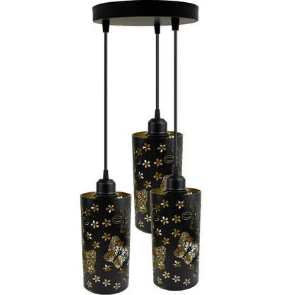 3 Light Cluster Pendant – Cones, Domes, Cylinders or Crystal Globes - Black, Black Bowl Shades, Round Plate, Without Bulb