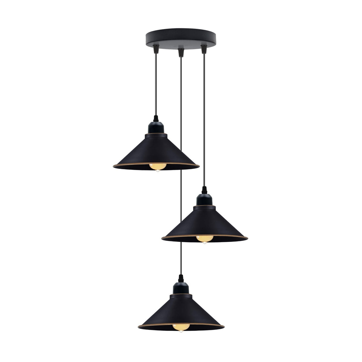 3 Light Cluster Pendant – Cones, Domes, Cylinders or Crystal Globes - Black, Black & Gold Line Cones, Round Plate, Without Bulb