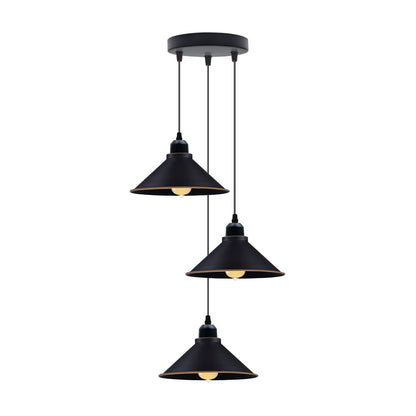 3 Light Cluster Pendant – Cones, Domes, Cylinders or Crystal Globes - Black, Black & Gold Line Cones, Round Plate, Without Bulb