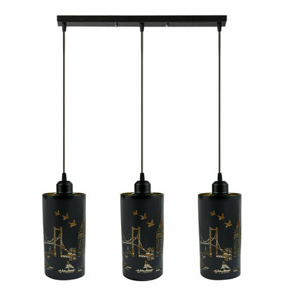 3 Light Cluster Pendant – Cones, Domes, Cylinders or Crystal Globes - Black, Black & Gold Patterned Cylinders, Straight Bar, Without Bulb