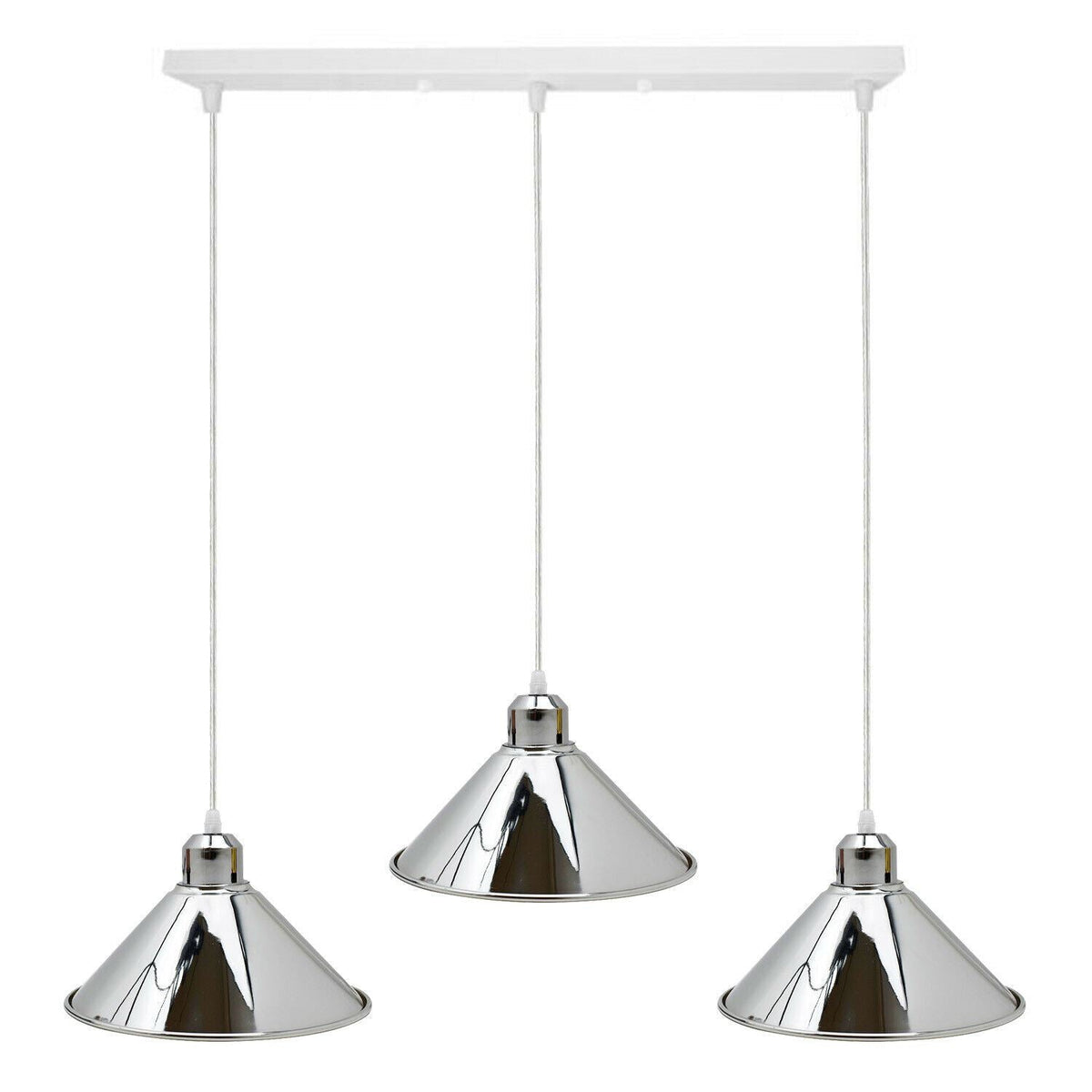 3 Light Cluster Pendant – Cones, Domes, Cylinders or Crystal Globes - Chrome, Chrome Cones, Straight Bar, Without Bulb