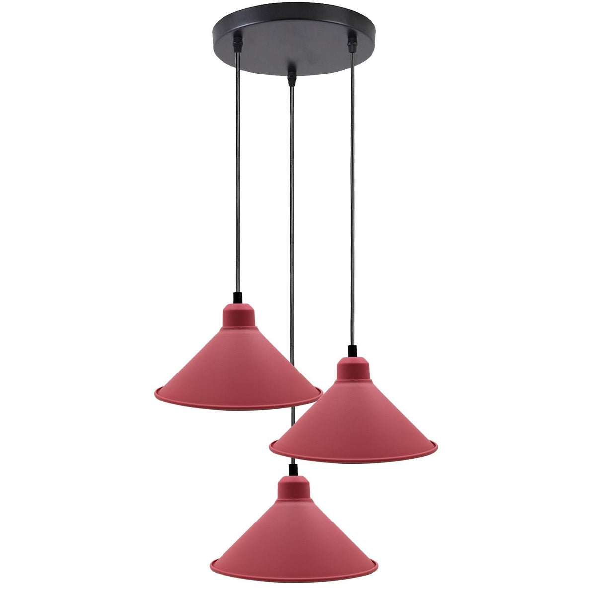 3 Light Cluster Pendant – Cones, Domes, Cylinders or Crystal Globes - Pink, Pink Cones, Round Plate, Without Bulb