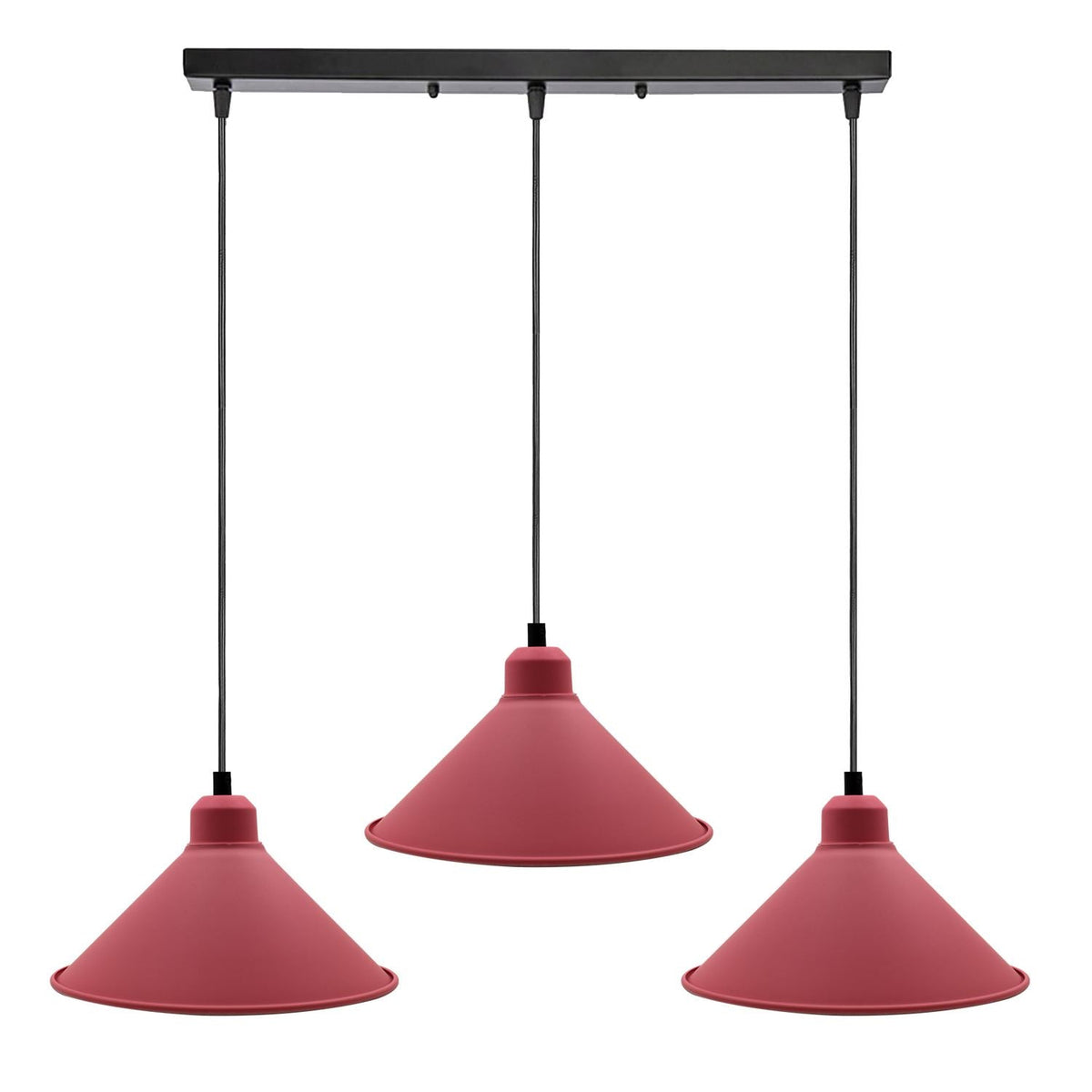3 Light Cluster Pendant – Cones, Domes, Cylinders or Crystal Globes - Pink, Pink Cones, Straight Bar, Without Bulb