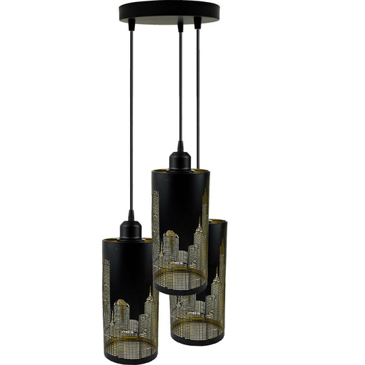 3 Light Cluster Pendant – Cones, Domes, Cylinders or Crystal Globes - Black, Black Perforated Cylinders, Round Plate, Without Bulb