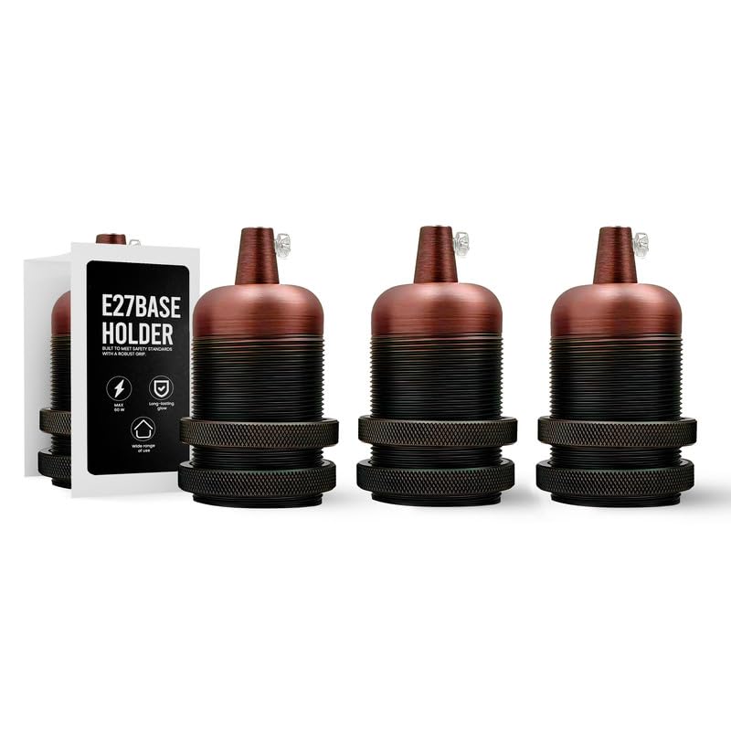 E27 Metal Lamp Holder with Cord Grip – Copper or Rose Gold, 60W - Copper, Pack of 3, Standard