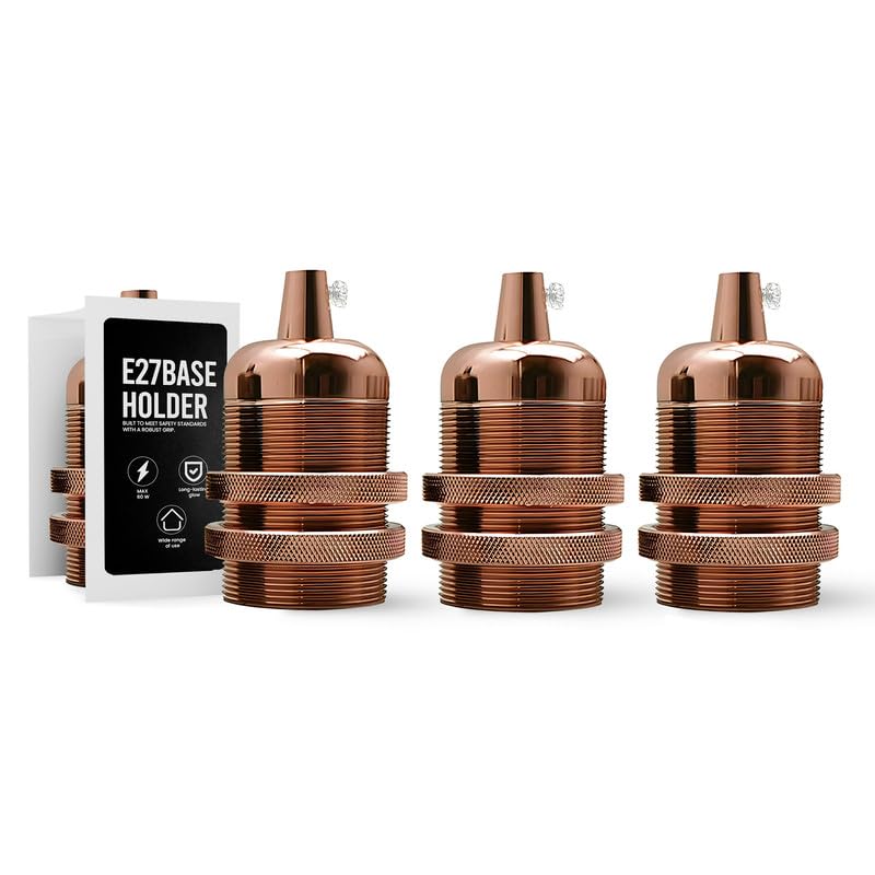 E27 Metal Lamp Holder with Cord Grip – Copper or Rose Gold, 60W - Rose Gold, Pack of 3, Standard
