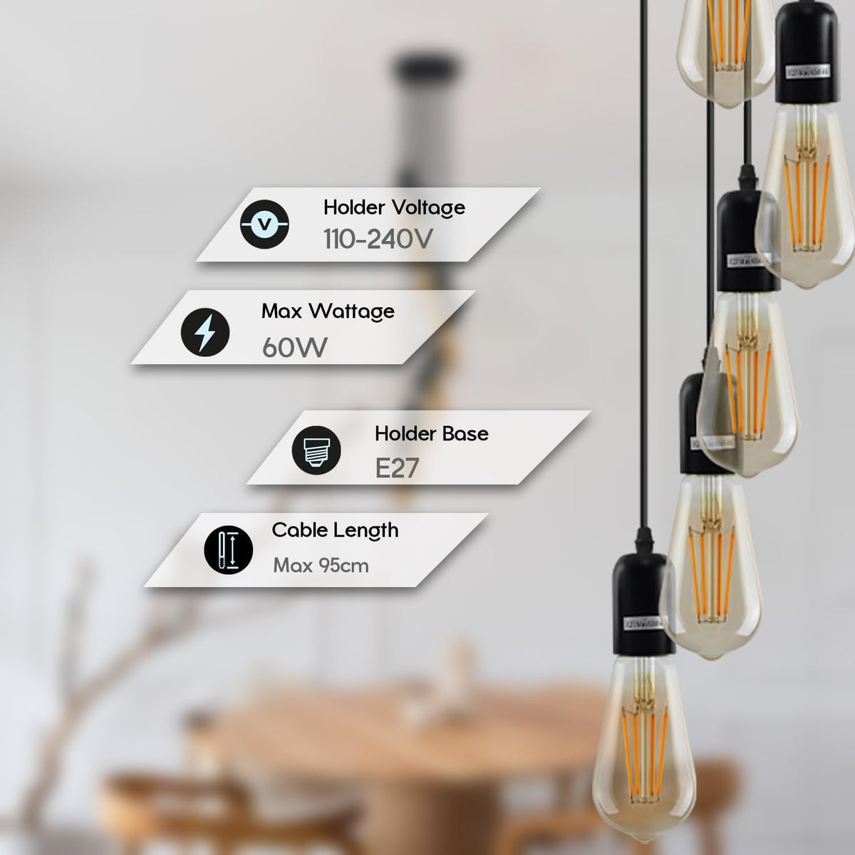 Metal E27 Pendant Light Set – Adjustable Cable, Chrome or Satin Nickel - photo 4