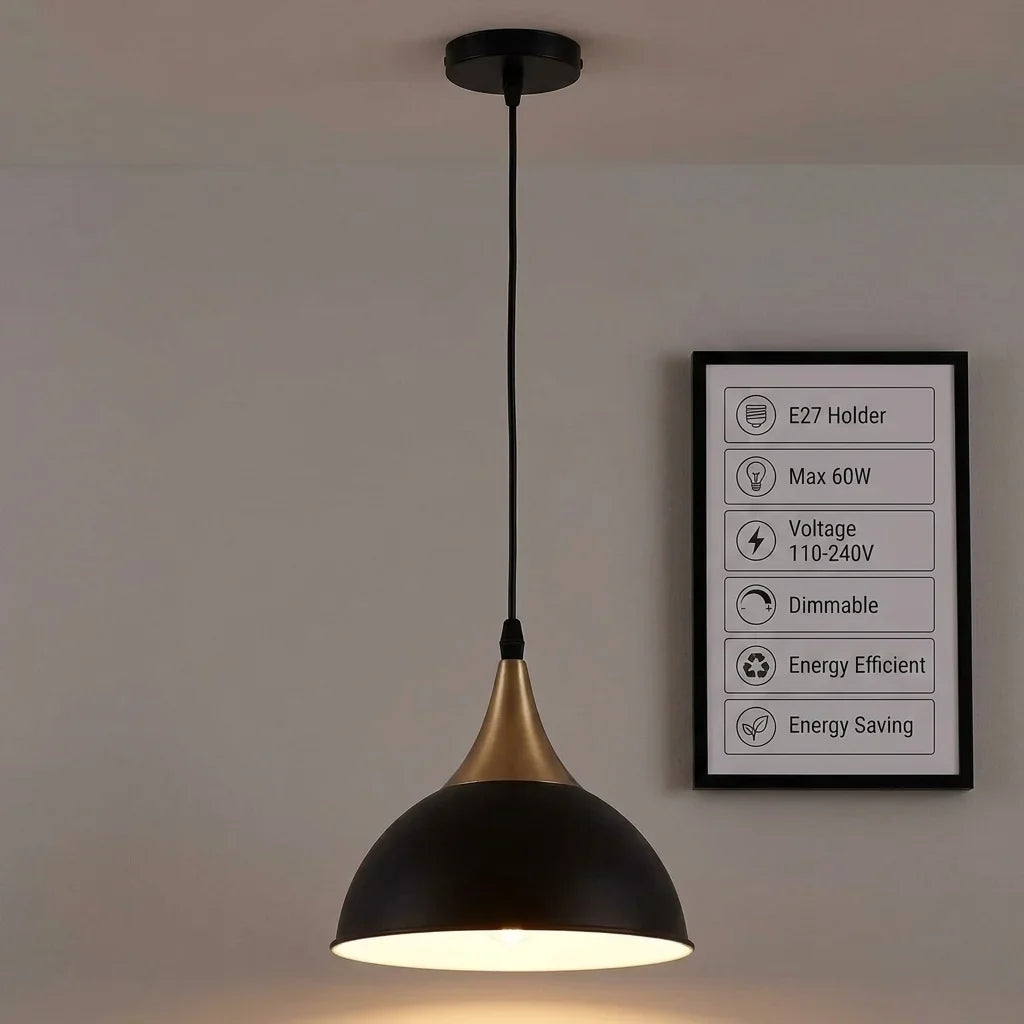 Gold Pendant Light – Dome, Cone or Amber Glass Globe Shade, E27 - Gold, Dome 21 cm Black & White Inner, Without Bulb