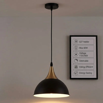 Gold Pendant Light – Dome, Cone or Amber Glass Globe Shade, E27 - Gold, Dome 21 cm Black & White Inner, Without Bulb