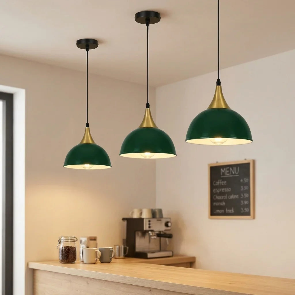 Gold Pendant Light – Dome, Cone or Amber Glass Globe Shade, E27 - Gold, Dome 21 cm Green, Without Bulb